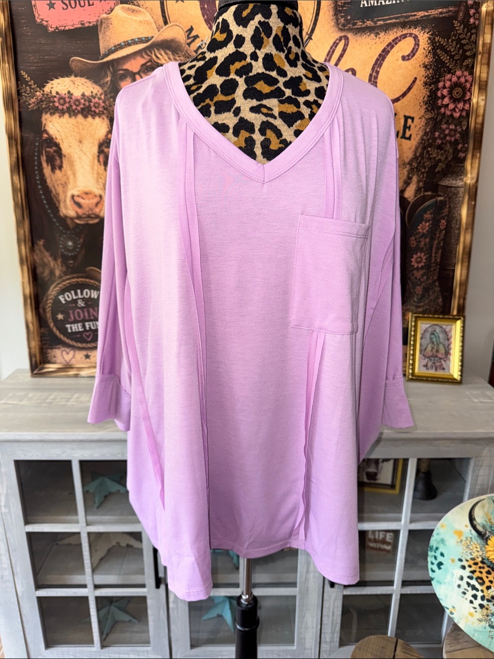 NWT ANDREE Women's V-Neck Pocket Tunic Top - Lilac Sz L